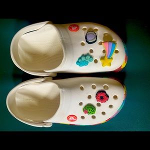 Kids white and rainbow Crocs with 5 charms